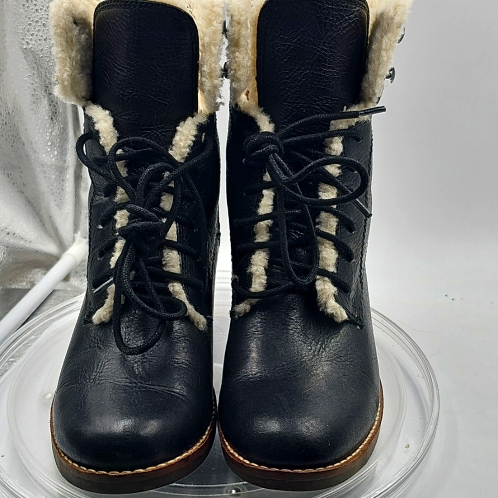 Z Lucky Brand Black Leather Faux Sherpa Ankle Boot Women's Size 6.5